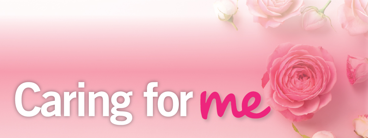 Pink background with flowers and text "Caring for Me"